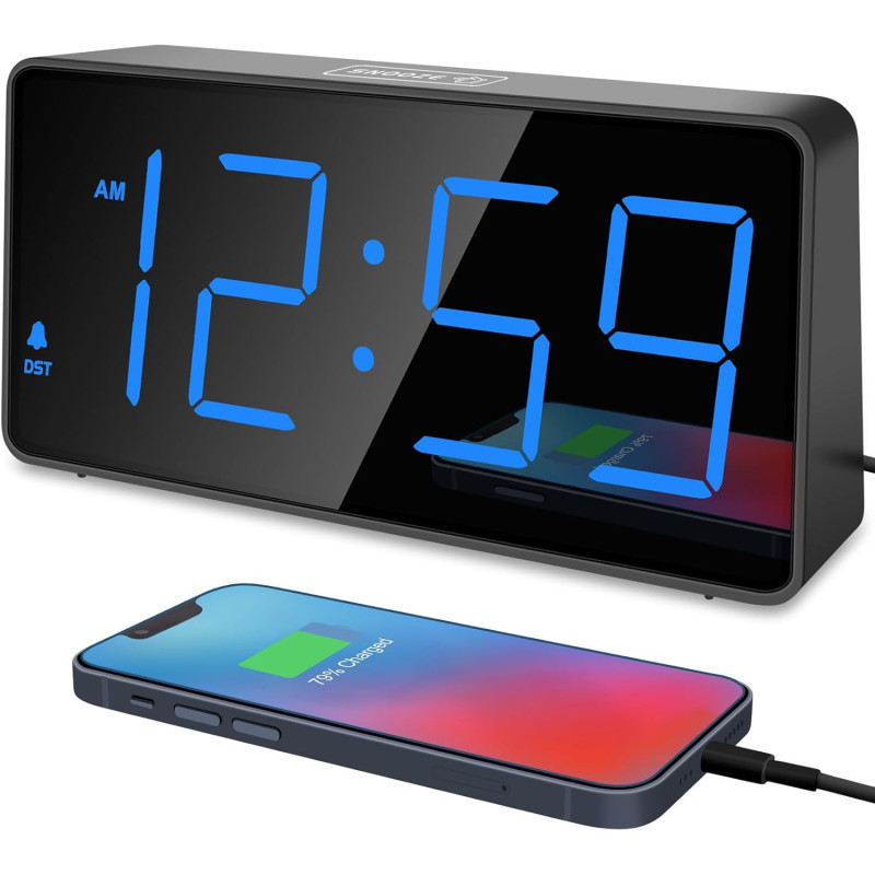 Peakeep Digital Alarm Clock for Heavy Sleepers – Large LED, USB, Blue