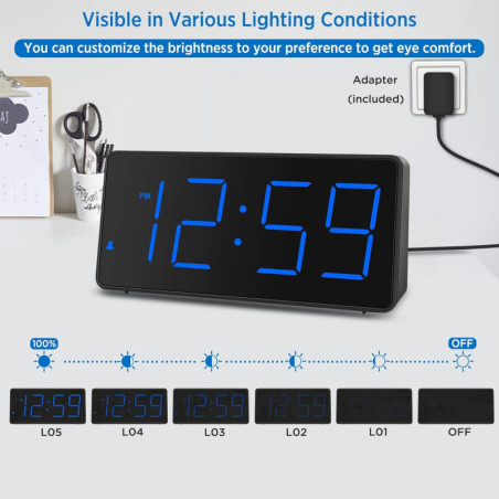Réveil numérique Peakeep avec grand écran LED, alarme forte, chargeur USB, pile de secours - Bleu