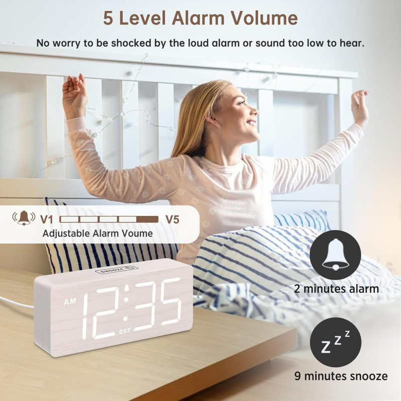 Réveil Digital en Bois DreamSky - Grand Écran, Alarme Puissante