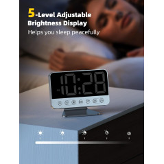 Réveil Digital Chambre - Grand Écran, 5 Sons Alarme, 8 Lumières