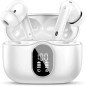 Écouteurs sans fil Bluetooth 5.4, micro anti-bruit, LED, IP7 étanche, stéréo basses, blancs.