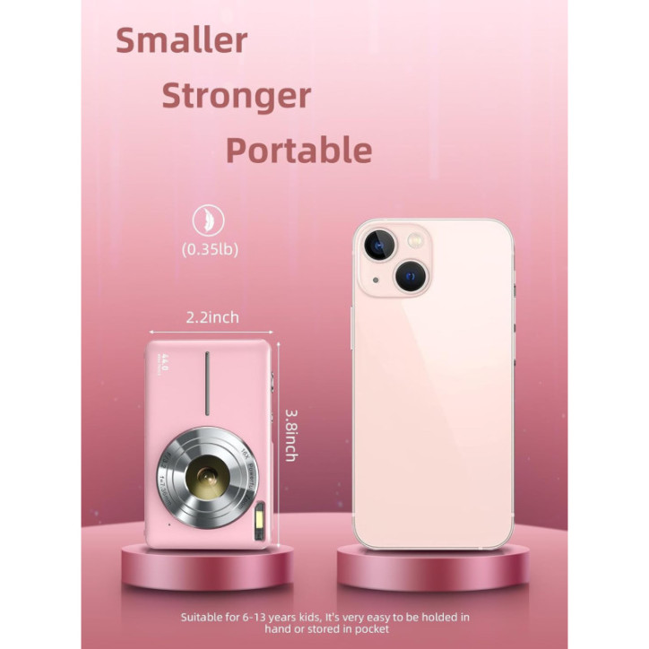 Appareil Photo Numérique FHD 1080P Compact Rose avec Zoom 16X, Anti-Tremblement et Carte 32Go pour Enfants