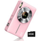 Appareil Photo Numérique FHD 1080P Compact Rose avec Zoom 16X, Anti-Tremblement et Carte 32Go pour Enfants