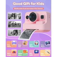Appareil photo instantané pour enfants 1080P, imprimante photos, cadeau portable rose 3-12 ans
