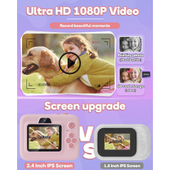 Kids Instant Print Camera 1080P - Portable Gift for Ages 3-12, Pink