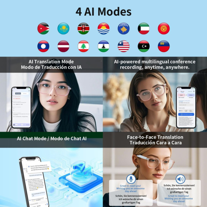 Lunettes Intelligentes Femmes, Traduction AI Bluetooth, Filtrage Lumière Bleue, 165+ Langues, Voyage & Apprentissage Lunettes Intelligentes Femmes, Traduction AI Bluetooth, Filtrage Lumière Bleue, 165+ Langues, Voyage & Apprentissage