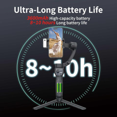 Stabilisateur 3 axes pour smartphone avec éclairage, suivi AI, trépied pliable pour iPhone & Android