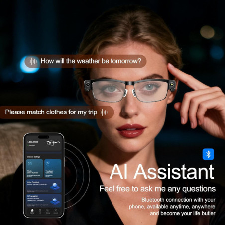 Lunettes AI Intelligentes avec Caméra 8MP, Traduction Temps Réel, Audio Open-Ear, Verres Photochromiques