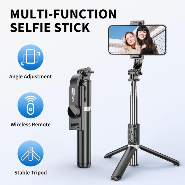 Selfie Stick Trépied 3-en-1 Extensible & Portable avec Télécommande Sans Fil Compatible iPhone et Android Selfie Stick Trépied 3-en-1 Extensible & Portable avec Télécommande Sans Fil Compatible iPhone et Android
