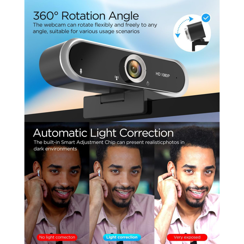 1080P Webcam with Mic & Privacy Cover - USB Plug & Play for PC/Laptop