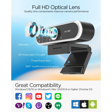 1080P Webcam with Microphone & Privacy Cover, USB Plug & Play, Auto Light Correction for Video Calls & Streaming