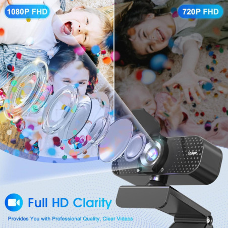 Webcam 1080P Full HD avec Micro Anti-Bruit, Correction Lumière, Cache Vie Privée, USB Plug & Play