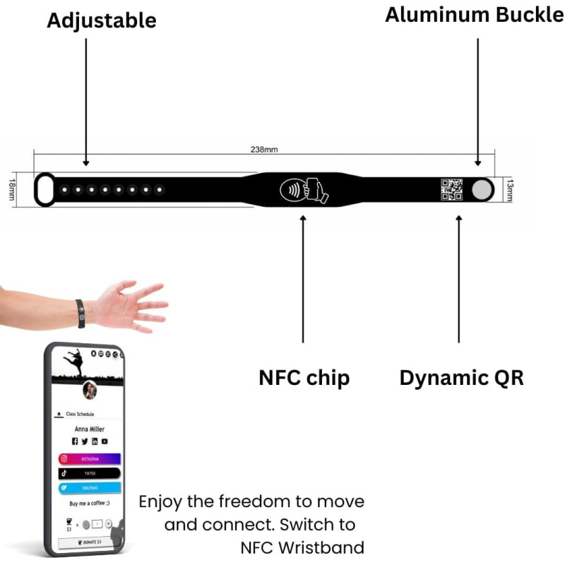 Tap NFC Wristband - Digital Business Card Bracelet, No Fees, iPhone & Android