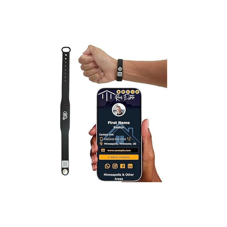 Tap Wristband NFC Digital Business Card Bracelet - Tap & Scan QR, No Fee/Subscription, Works on iPhone & Android (Black) Tap Wristband NFC Digital Business Card Bracelet - Tap & Scan QR, No Fee/Subscription, Works on iPhone & Android (Black)