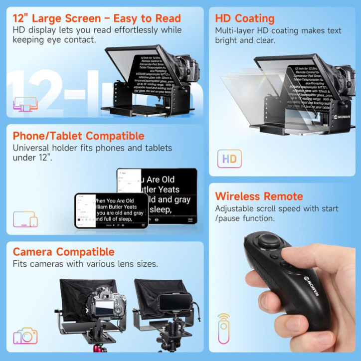 Moman Teleprompter Métal 12 avec télécommande APP pour iPad, DSLR, smartphone – Kit complet MT12 Moman Teleprompter Métal 12 avec télécommande APP pour iPad, DSLR, smartphone – Kit complet MT12