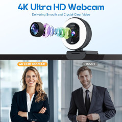 Webcam 4K Autofocus avec Anneau LED & Microphone Intégré