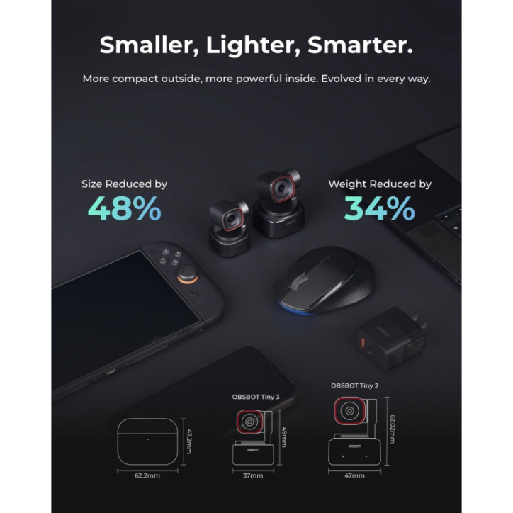 OBSBOT Tiny 3 Webcam 4K AI PTZ, Audio Spatial, Capteur 1/1.28, Micro Tri, Contrôle Voix & Gestes, 120FPS HDR OBSBOT Tiny 3 Webcam 4K AI PTZ, Audio Spatial, Capteur 1/1.28, Micro Tri, Contrôle Voix & Gestes, 120FPS HDR