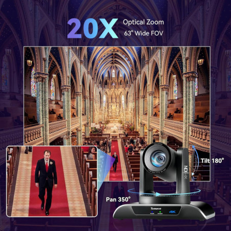 Tenveo Caméra PTZ 4K NDI AI Auto-Tracking Visage 20X Zoom HDMI/LAN/USB3.0 PoE Streaming Live