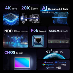 Caméra PTZ 4K Tenveo NDI AI 20X Zoom pour Streaming Live