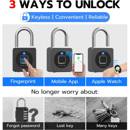 eLinkSmart Fingerprint Gym Locker Lock - Keyless Biometric Bluetooth Smart Padlock, Weatherproof, Black