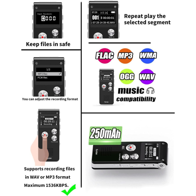 Enregistreur Vocal Numérique 16GB Rechargeable USB Lectures