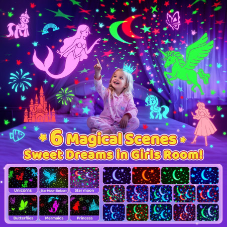 Projecteur lumineux licorne Onefire pour filles 4-6 ans, jouet rechargeable 360° avec 6 films, déco papillon