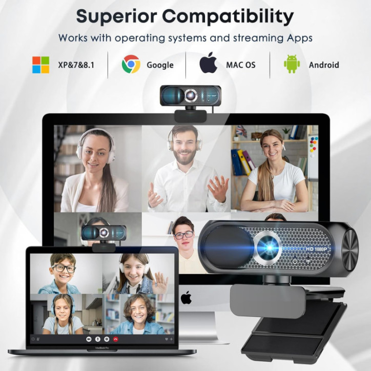 1080P HD Webcam with Mic, Noise Cancellation, Privacy Cover, Wide-Angle, Auto Light, USB Plug & Play (Black)