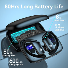 bmani Wireless Earbuds with 80H Playtime, LED Case & Mic – Black