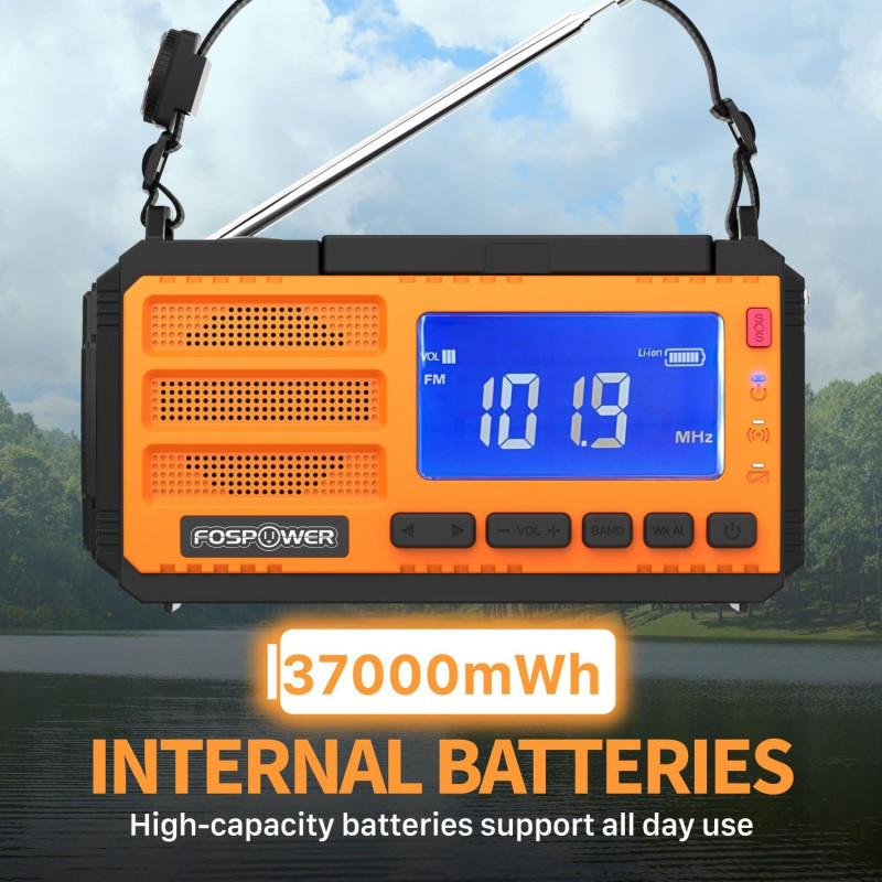 FosPower NOAA Emergency Weather Radio & Power Bank - Solar USB Hand Crank