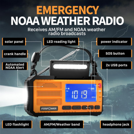 Radio météo d'urgence FosPower D8 37000mWh avec banque d'alimentation, USB/Solaire/Manivelle, SOS & lampe - Orange