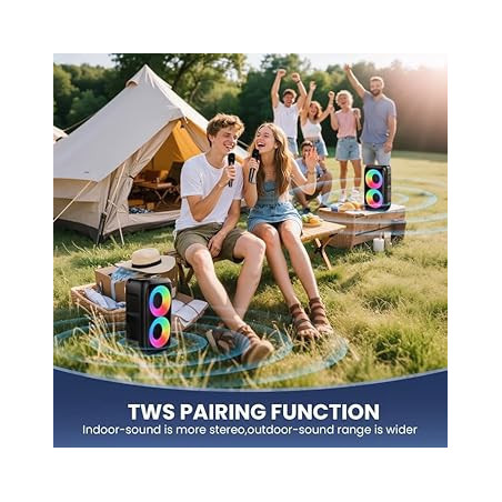 Enceinte Bluetooth avec 2 micros sans fil - Karaoke portable avec lumière, TWS, AUX, USB, TF, cadeau fête