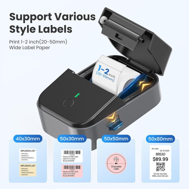 Étiqueteuse PM260 Bluetooth 2 Portable Sans Encre avec Ruban, Application Intelligente, Noir, 1 Pièce