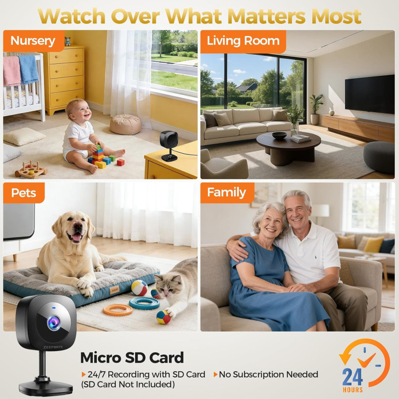ZEEPORTE 2K Indoor Security Camera - Baby Monitor & Pet Cam with Alexa