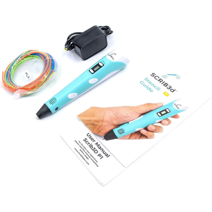 SCRIB3D P1 3D Printing Pen with Display, 3 PLA Colors, Stencil Book, Project Guide & Power Adapter