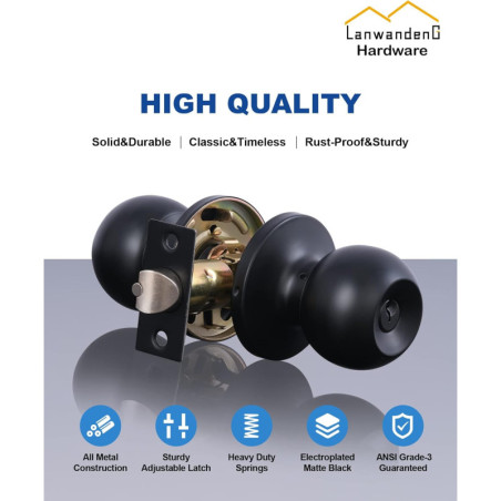 Lanwandeng Matte Black Door Knobs with Lock & Keys, Interior/Exterior Bedroom & Bathroom Entry Door Lock