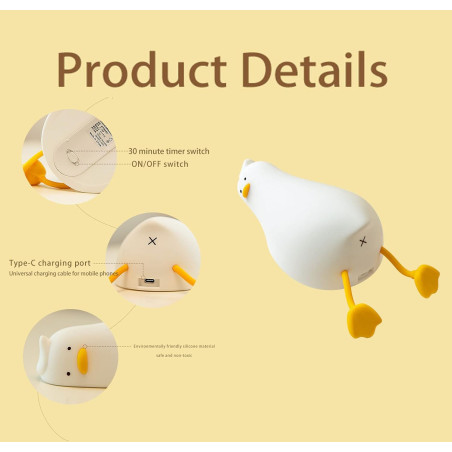 HAPPYBAG LED Duck Night Light - Dimmable, Rechargeable, Cute Nursery Lamp